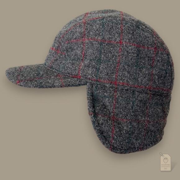 L.L. Bean Wool Plaid Winter Ear Flap Hat Gray Red Check Small - Picture 4 of 7